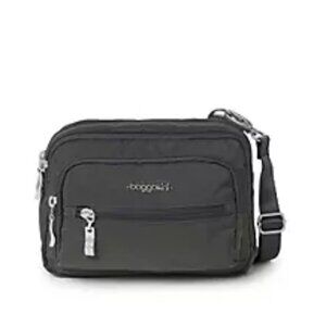 New Baggallini Triple Zip Bagg Charcoal Purple Lined Crossbody Strap Waist Pack